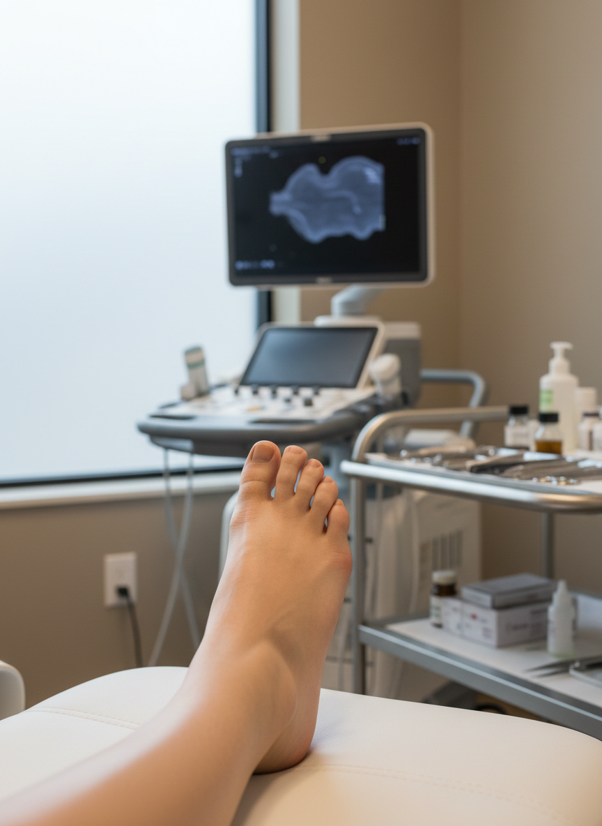 A close-up of a clean, uninjured human foot resting on a cushioned white podiatry chair, with the ankle and arch prominently displayed while keeping the rest of the body out of frame. A digital diagnostic ultrasound unit and a modern podiatry cart with organized tools are visible in soft focus behind, suggesting advanced clinical care. Bright, neutral-toned walls and a frosted glass window imply a Northern California medical office setting. Soft studio-style lighting from the front and side highlights skin texture and arch contours without harsh shadows. The atmosphere is clinical yet welcoming. Photographic realism, shallow depth of field, and a centered composition that emphasizes expert foot evaluation.