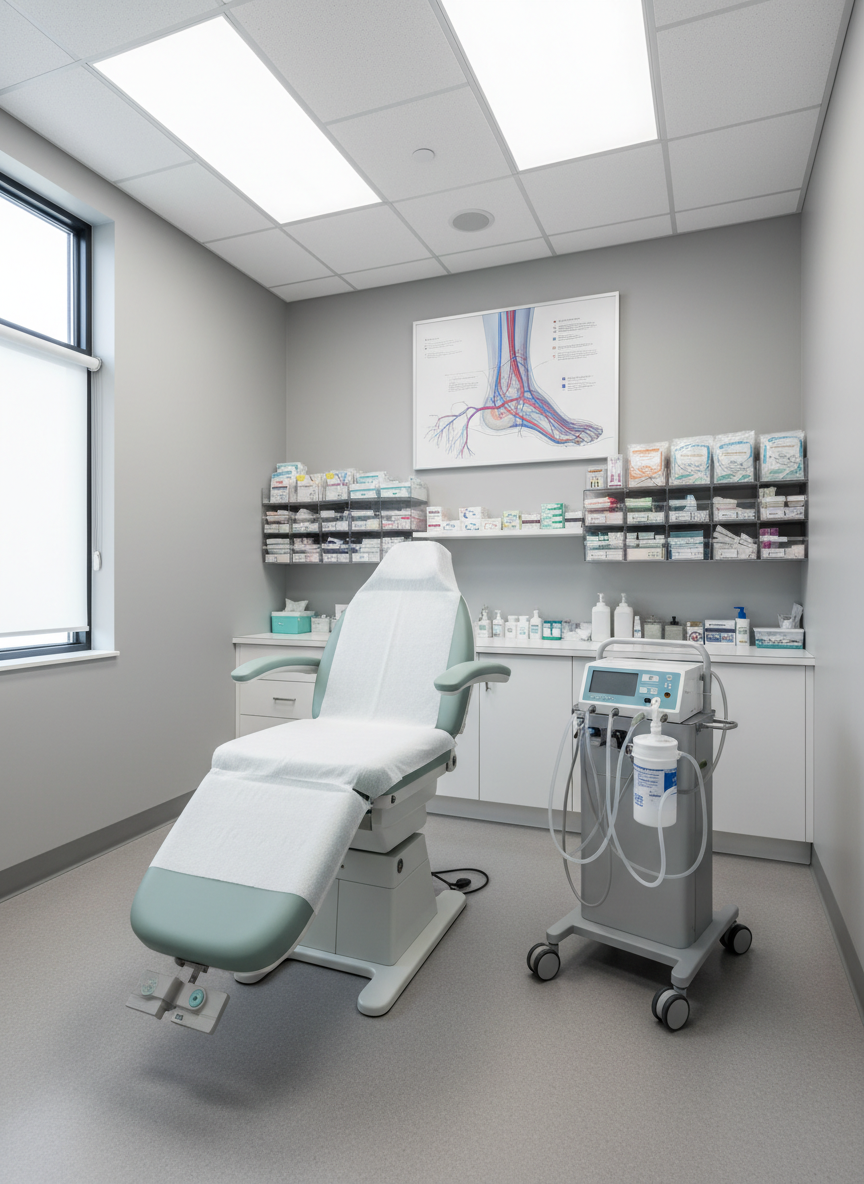 A specialized podiatry treatment room dedicated to wound care and limb salvage, featuring an adjustable chair with absorbent white pads, a mobile negative-pressure wound therapy unit, and neatly stacked sterile dressings in clear organizers. On the wall, a non-text medical diagram shows vascular pathways in the lower leg and foot. The color scheme is soft gray and white with a hint of light teal, creating a clean yet comforting environment. Overhead LED panels provide bright, uniform lighting, while a side window adds a touch of natural daylight. Photographic realism, shot from an eye-level, slightly wide perspective to show the entire workspace, conveying advanced, hospital-grade wound management by an experienced, board-certified podiatric surgeon.