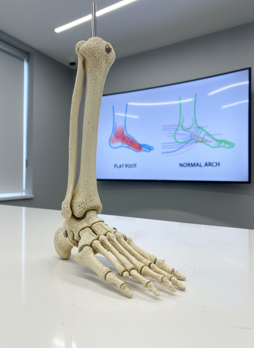 A highly detailed model of the human foot skeleton and ankle joint standing on a polished white countertop in a consultation room, each bone and joint carefully rendered with realistic ivory tones and subtle shading. Behind it, a large wall-mounted digital display shows a non-text medical visualization of flat foot versus normal arch, along with color-coded overlays for bunions and hammertoes. The setting is a minimalist, high-tech podiatry office with cool gray walls and a hint of natural light from a side window. Even, bright overhead lighting creates crisp reflections on the screen and counter. Photographic realism, shot at eye level with the skeleton model in sharp focus and the background softly blurred, conveying expert surgical planning and patient education.