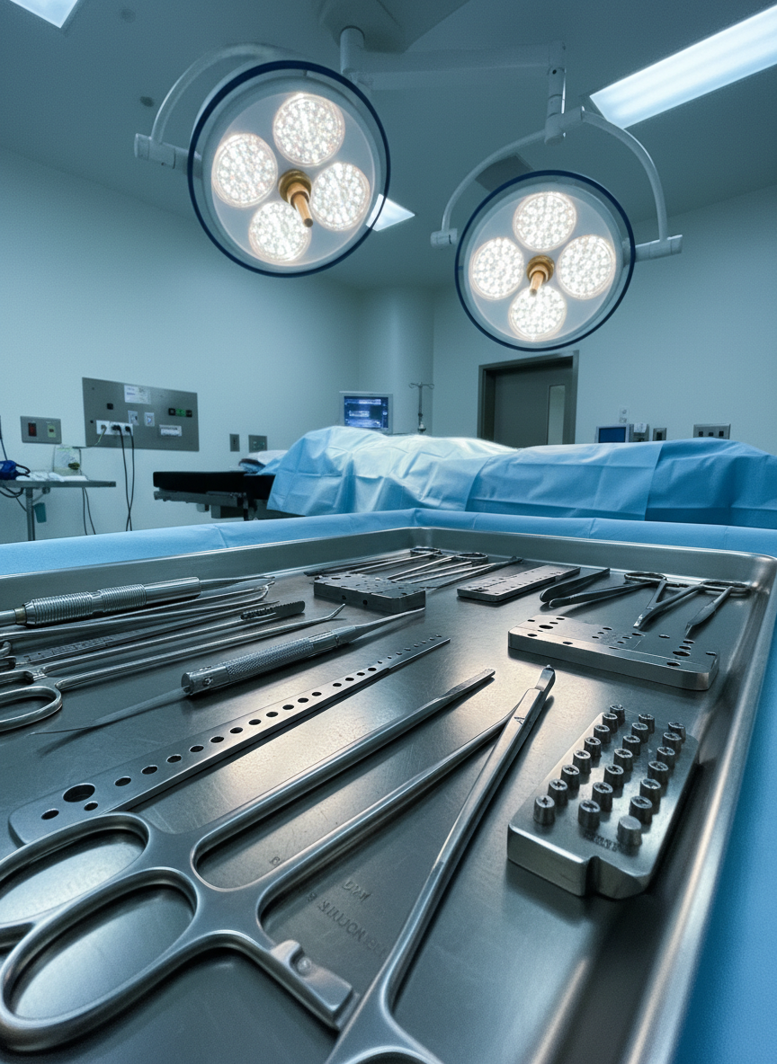 A surgical-grade stainless-steel tray meticulously arranged with instruments used in bunion and hammertoe correction: slender bone saws, low-profile plates, screws, and fine clamps, all gleaming under bright operating room lights. In the blurred background, a covered operating table and ceiling-mounted surgical lights suggest a hospital OR where a DPM, board-certified foot and ankle surgeon practices. The environment feels sterile and precise, with cool blue and white tones dominating the palette. Strong, focused overhead illumination creates crisp highlights on the metal surfaces and subtle reflections in the tray. Photographic realism, shot from a slightly elevated angle, with tight framing to emphasize meticulous organization, advanced technology, and rigorous surgical standards for complex foot procedures and limb preservation.