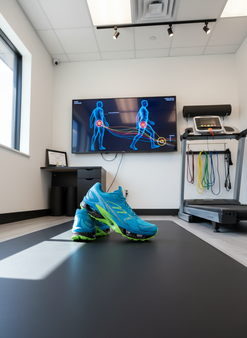 A dynamic, photographic scene of a pair of high-performance running shoes with the heels slightly lifted off a matte-black floor, emphasizing proper forefoot and midfoot strike. Directly behind, a large high-resolution motion-analysis screen displays non-text silhouettes and colored line tracings of gait patterns, with highlighted stress zones at the ankle, heel, and arch. The sports medicine podiatry lab features a treadmill, foam rollers, and resistance bands arranged neatly along the wall. Bright, focused overhead lighting and a narrow strip of natural window light create subtle reflections and soft shadows. Shot from a low, side angle with moderate depth of field, the image conveys cutting-edge sports injury evaluation and performance optimization in a professional, Northern California foot and ankle practice.
